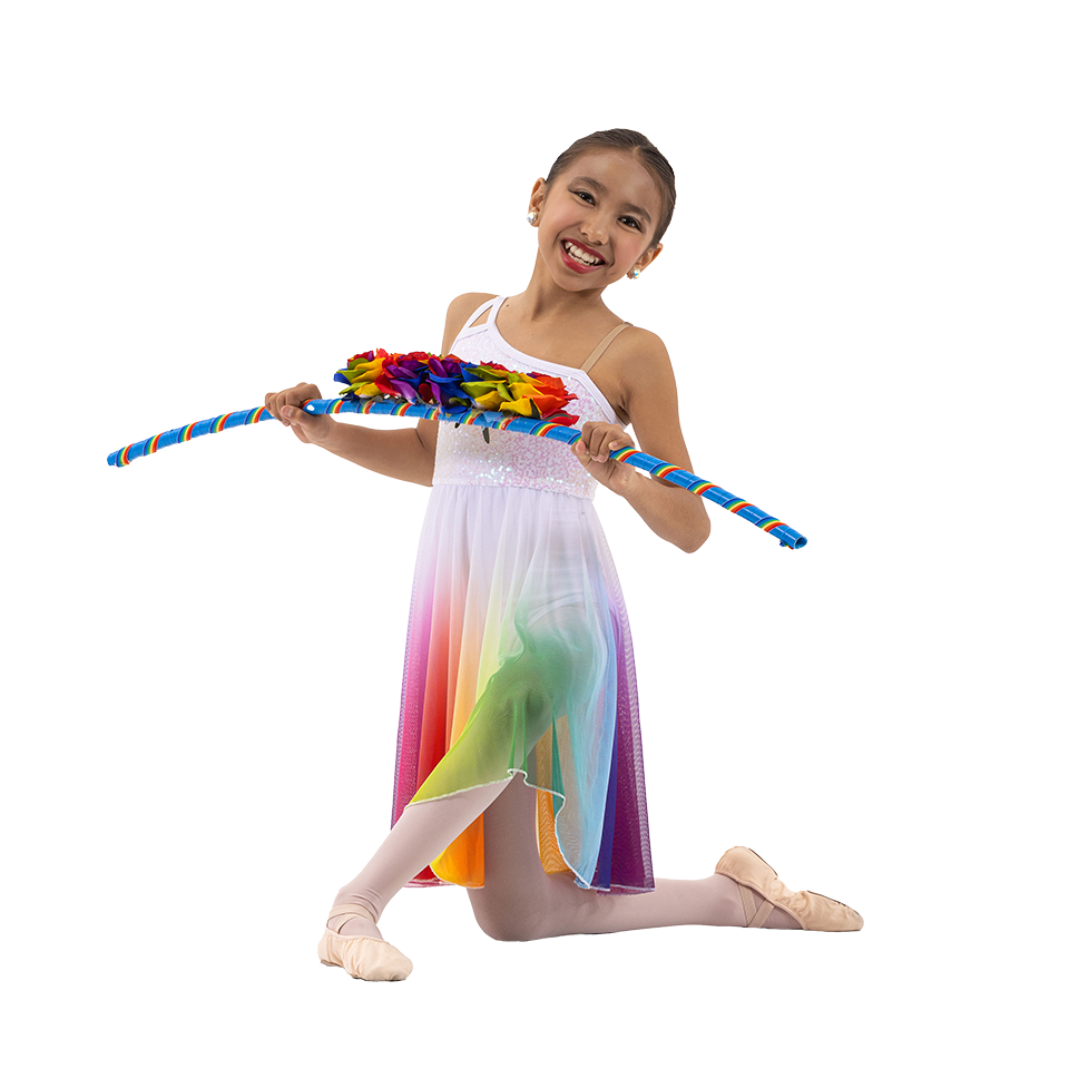 Preteen, tween dance student in rainbow ballet costume.