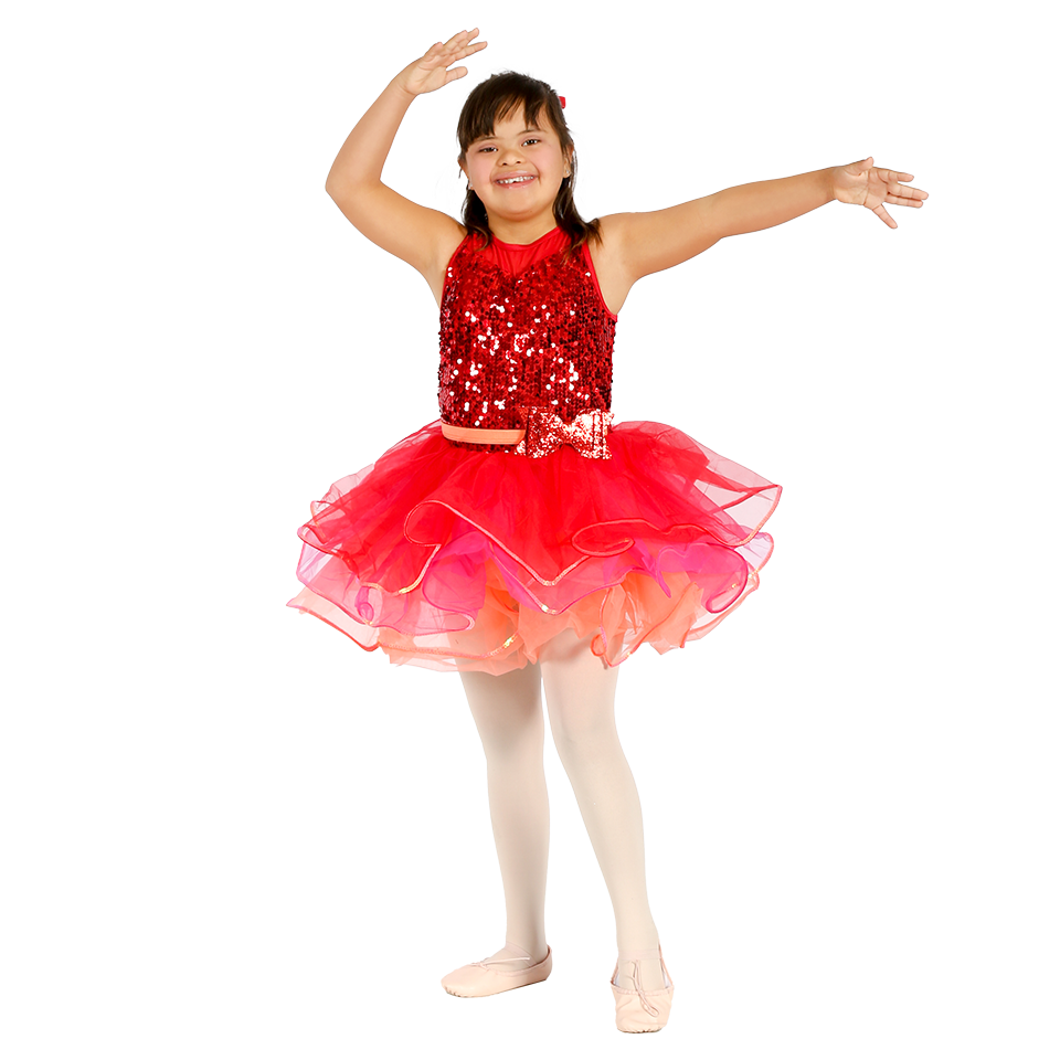 Dance students with special needs / cognitive differences is dancing in a red dress.