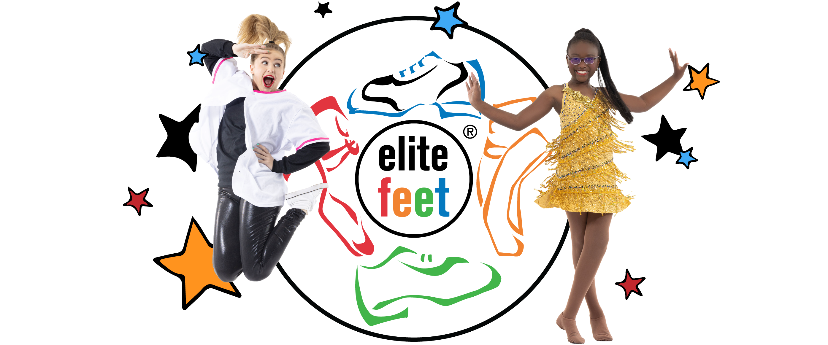 Two dancers on either side of the Elite Feet Dance Studio Logo. A caucasian teenage hip hop dancer is on the left. On the right is an African-American tween dancer.