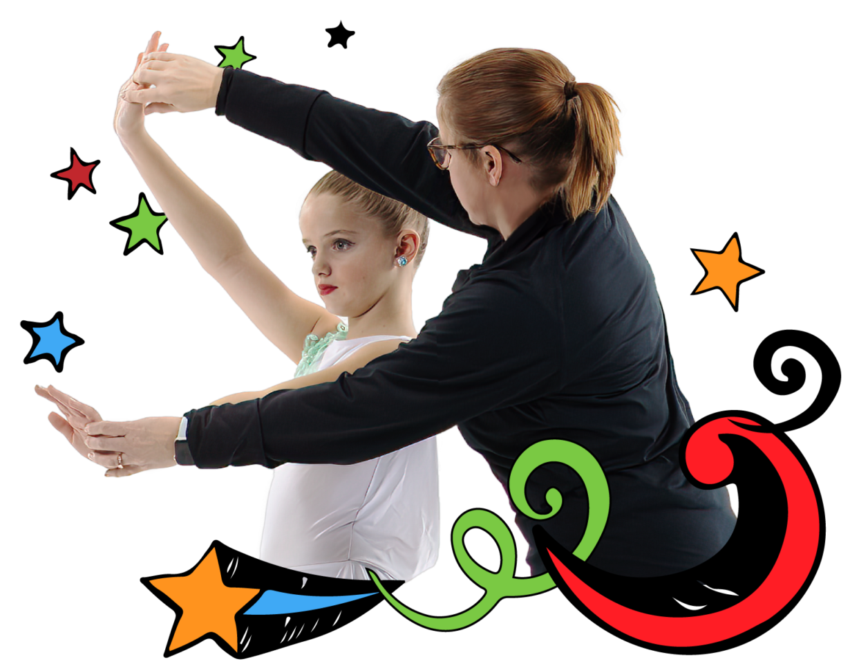 Dance teacher Jenn Shipley helps a young dancer position her arms correctly.