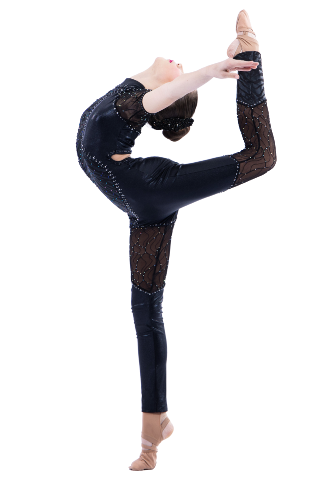 A dancer in a black, rhinestone-embellished costume performs a dramatic standing backbend, balancing on one foot while lifting the other leg overhead and reaching toward the raised foot.
